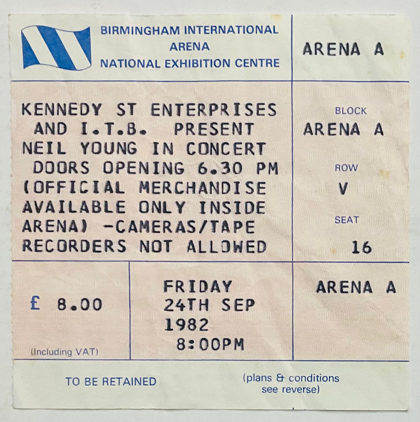 Neil Young Original Used Concert Ticket NEC Arena Birmingham 24th Sep 1982