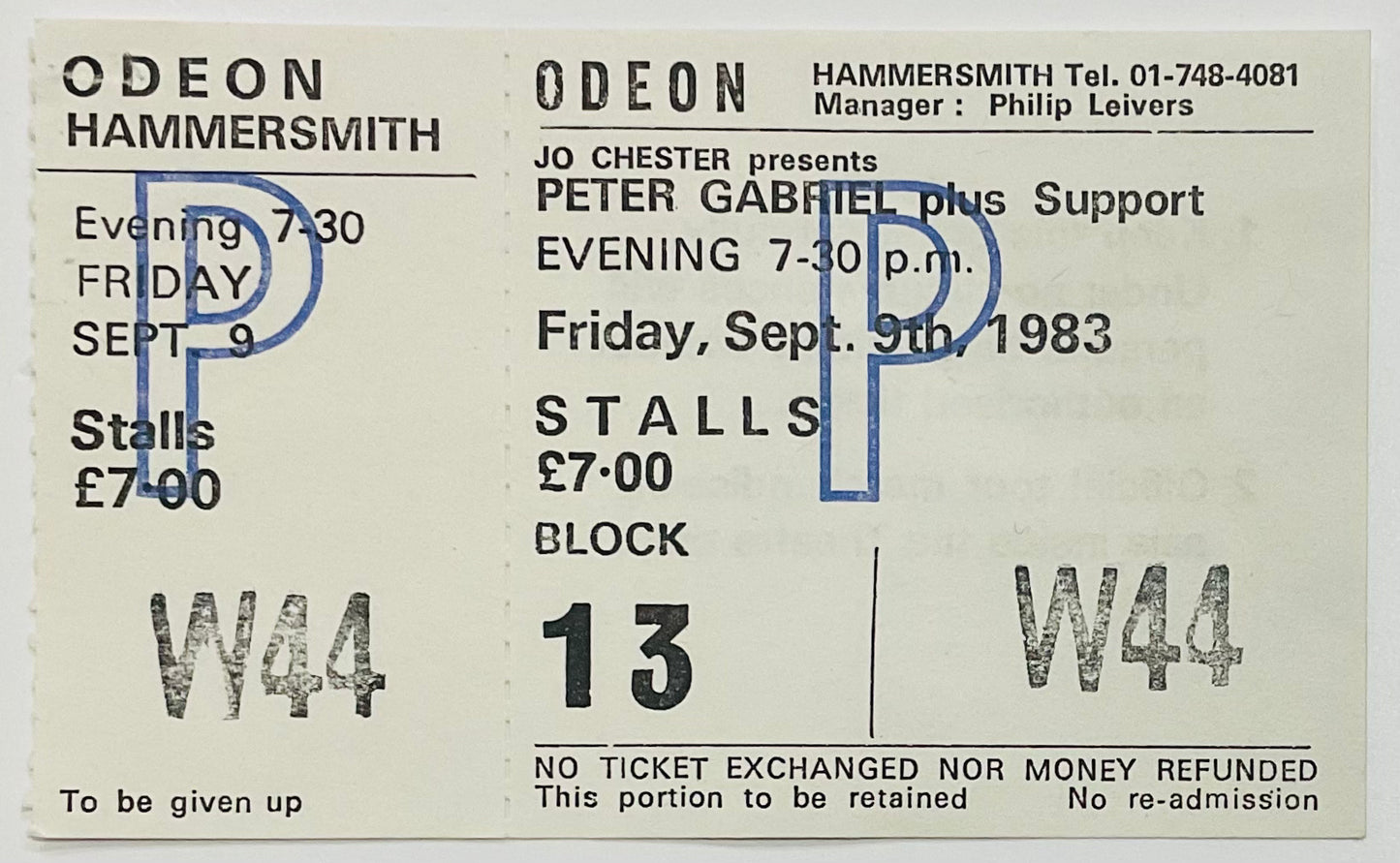 Peter Gabriel Original Unused Concert Ticket Hammersmith Odeon London 9th Sep 1983