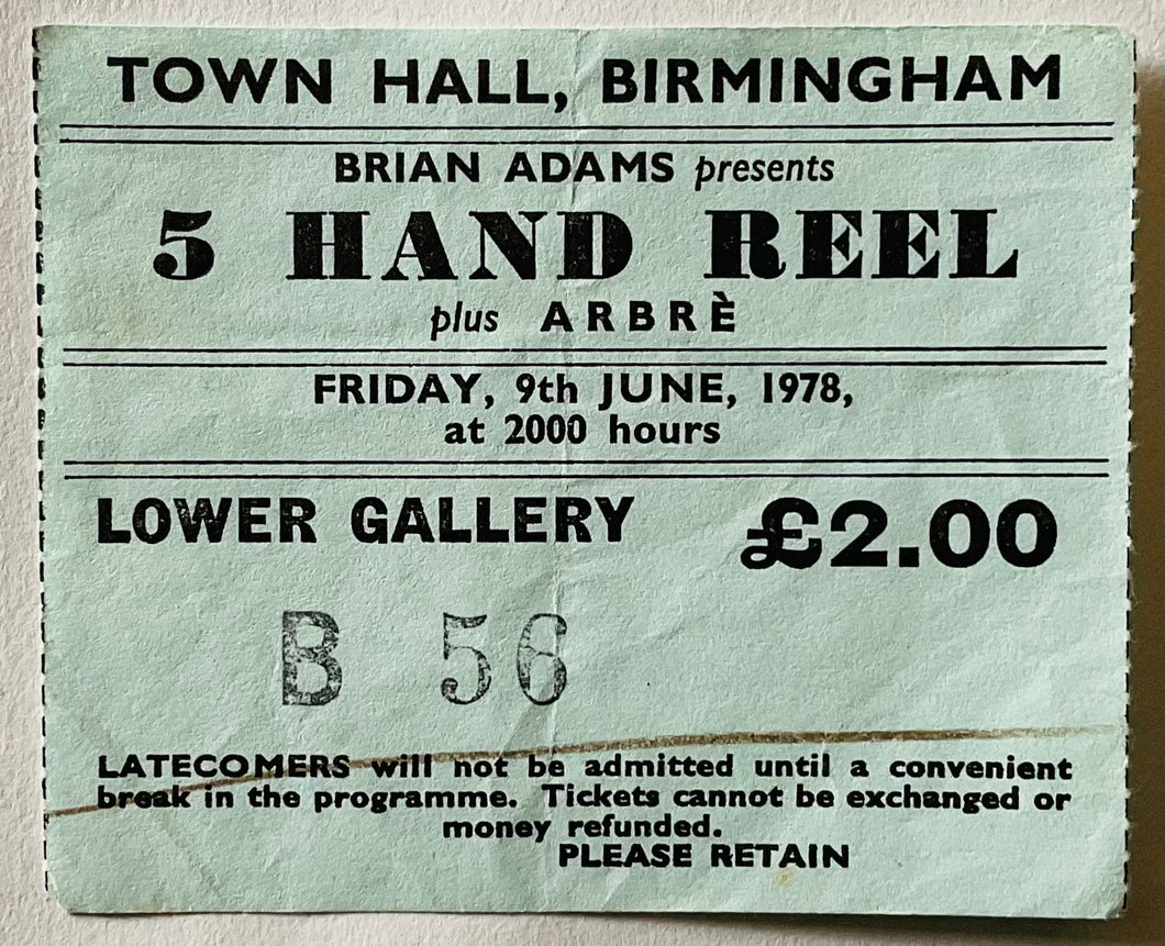 5 Hand Reel Original Used Concert Ticket Town Hall Birmingham 9th Jun 1978