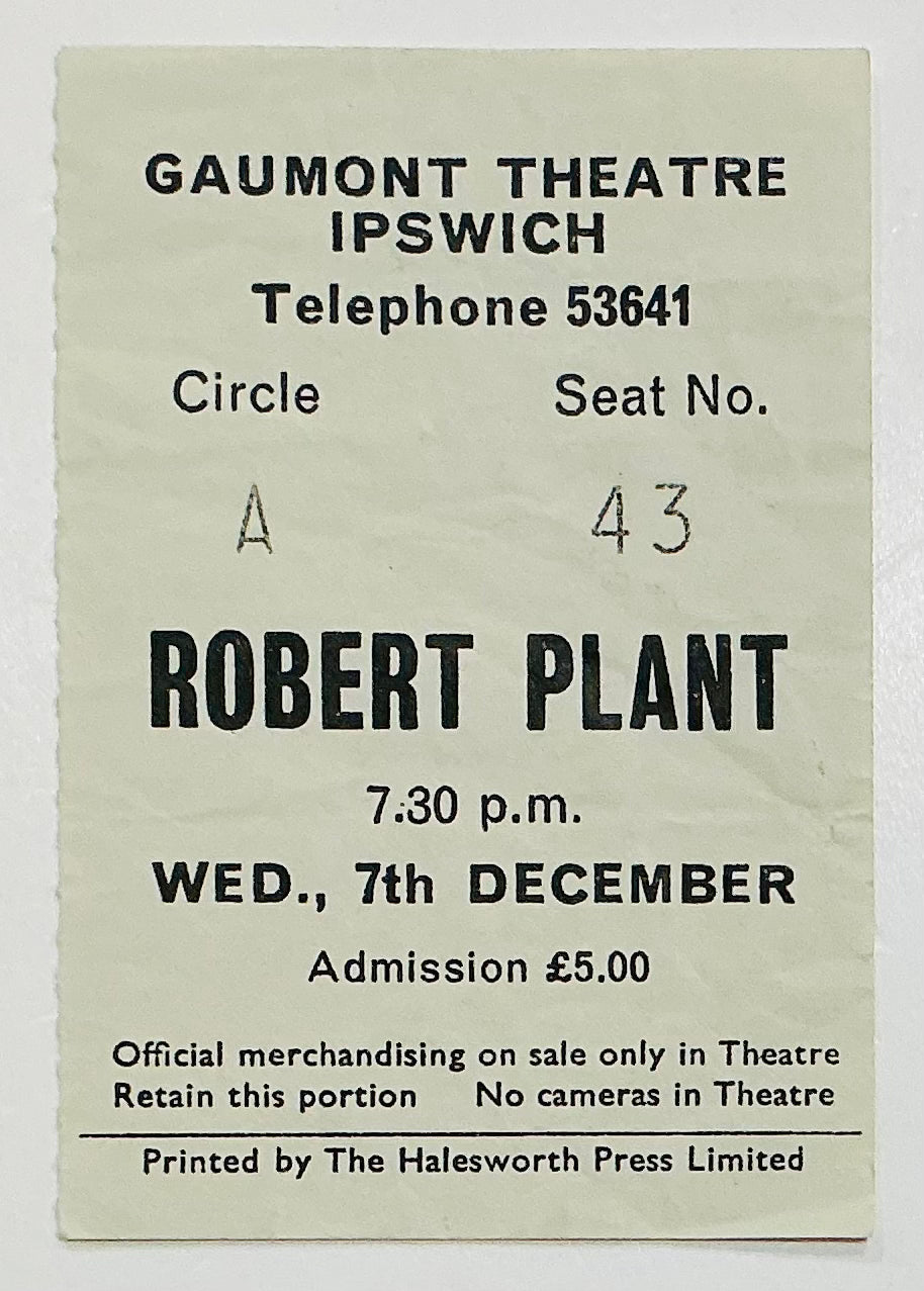 Led Zeppelin Robert Plant Original Used Concert Ticket Gaumont Theatre Ipswich 7th Dec 1983