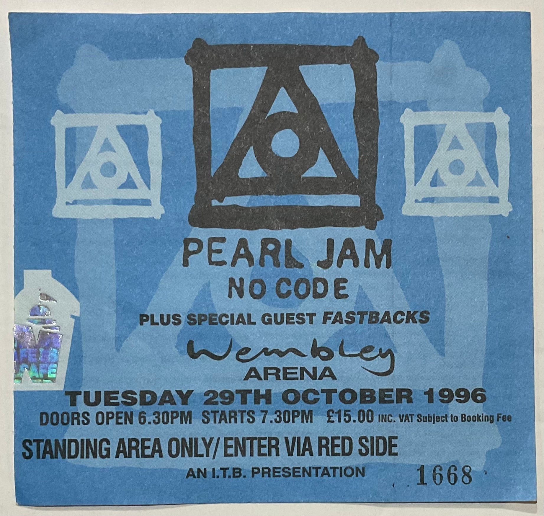 Pearl Jam Original Used Concert Ticket Wembley Arena London 29th Oct 1996