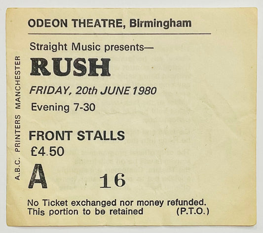 Rush Original Used Concert Ticket Odeon Theatre Birmingham 20th June 1980