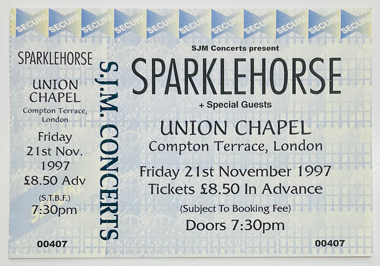 Sparklehorse Original Unused Concert Ticket Union Chapel London 21st Nov 1997