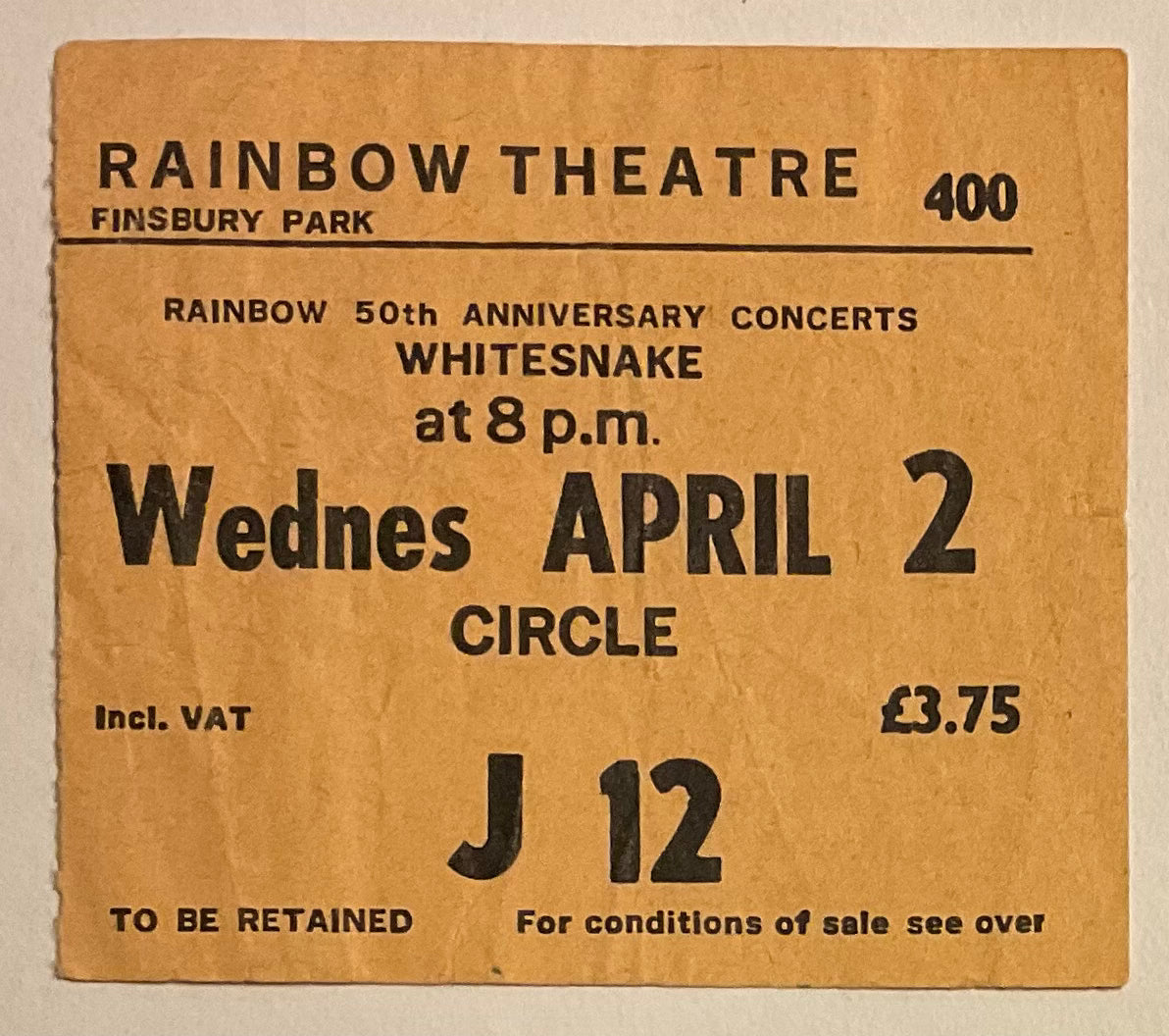 Whitesnake Original Used Concert Ticket Rainbow Theatre Finsbury Park London 2nd Apr 1980
