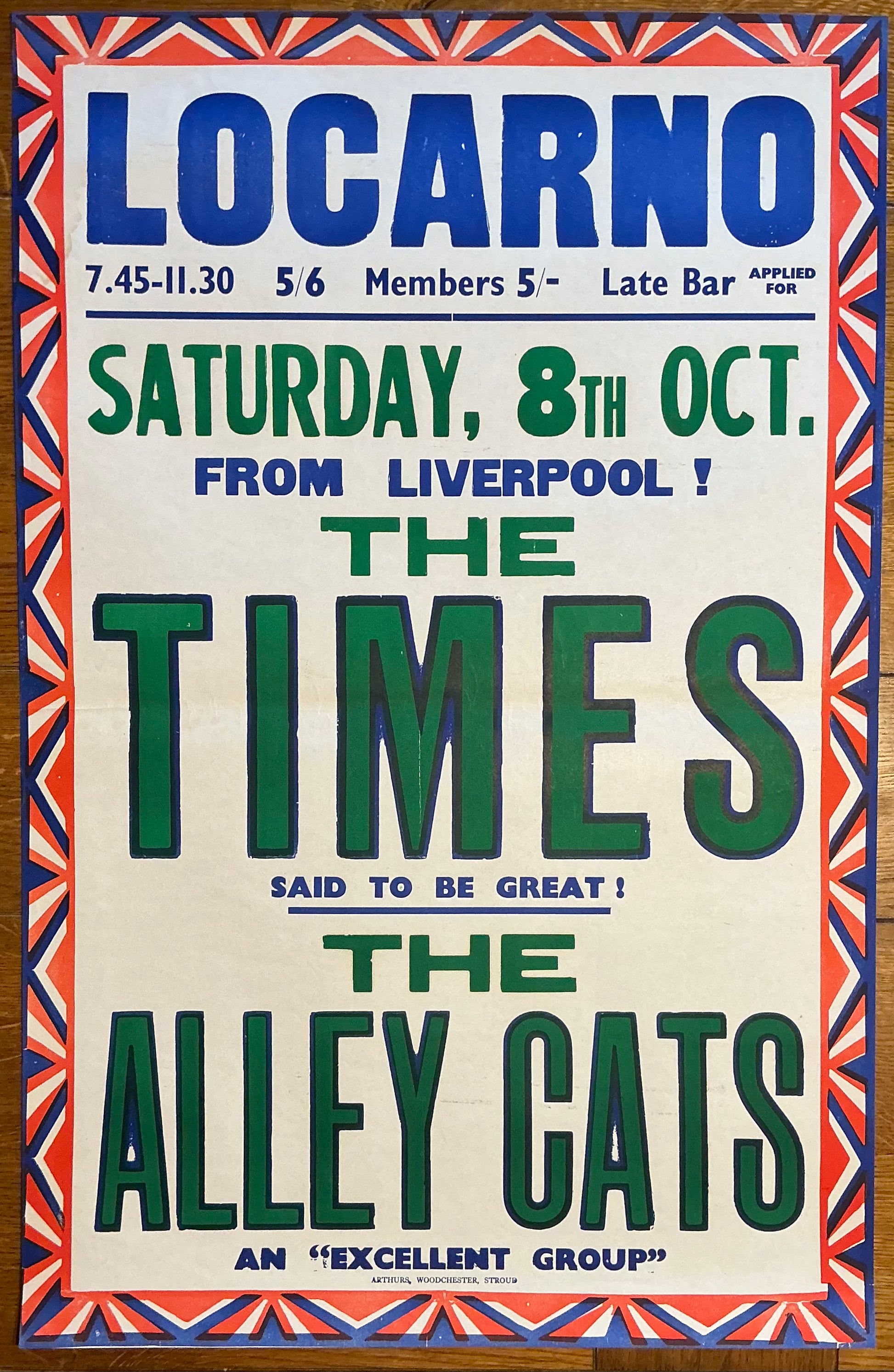 Times Alley Cats Original Concert Tour Gig Poster Locarno Swindon 8th Oct 1966