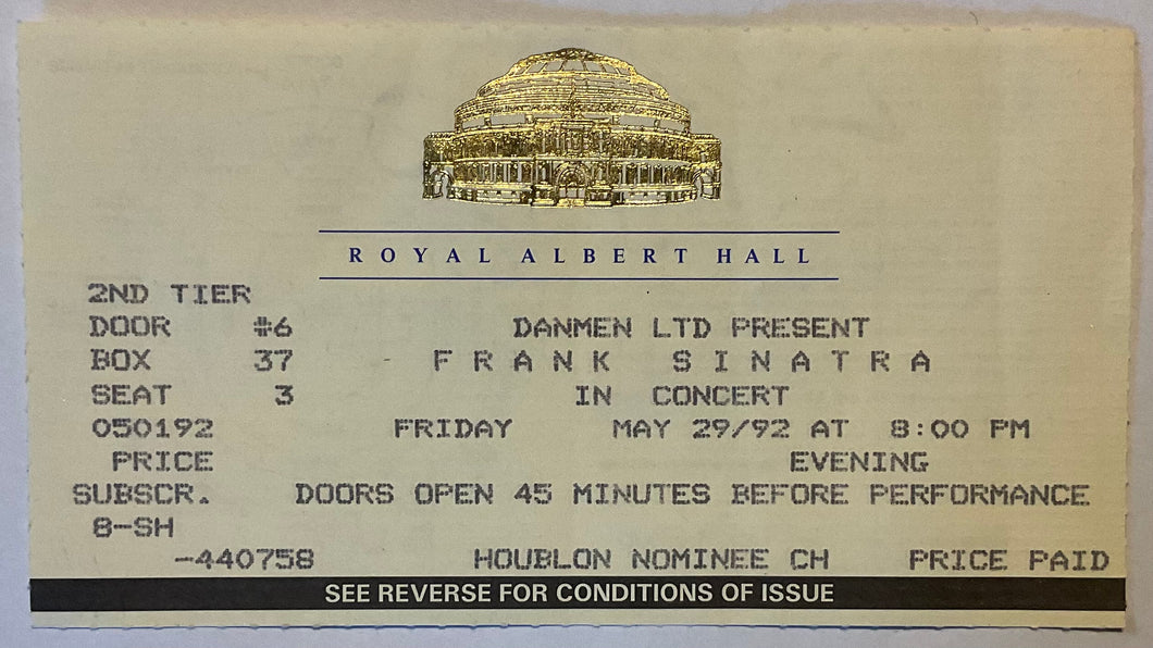 Frank Sinatra Original Used Concert Ticket Royal Albert Hall London 29th May 1992