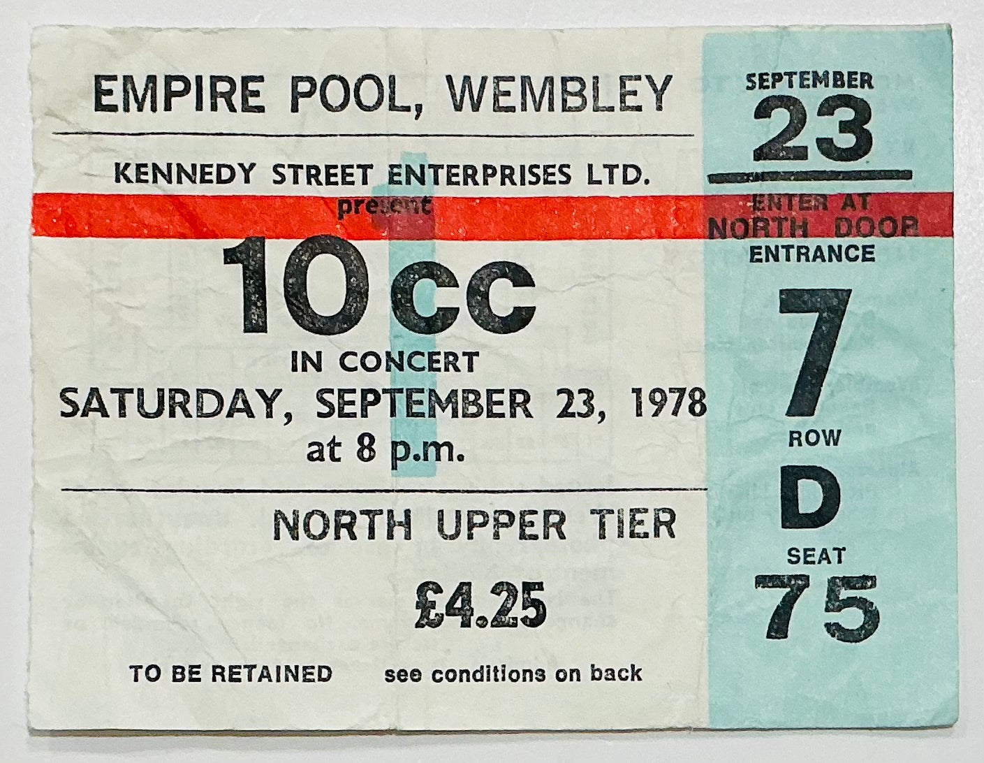 10cc Original Used Concert Ticket Empire Pool Wembley London 23rd Sep 1978