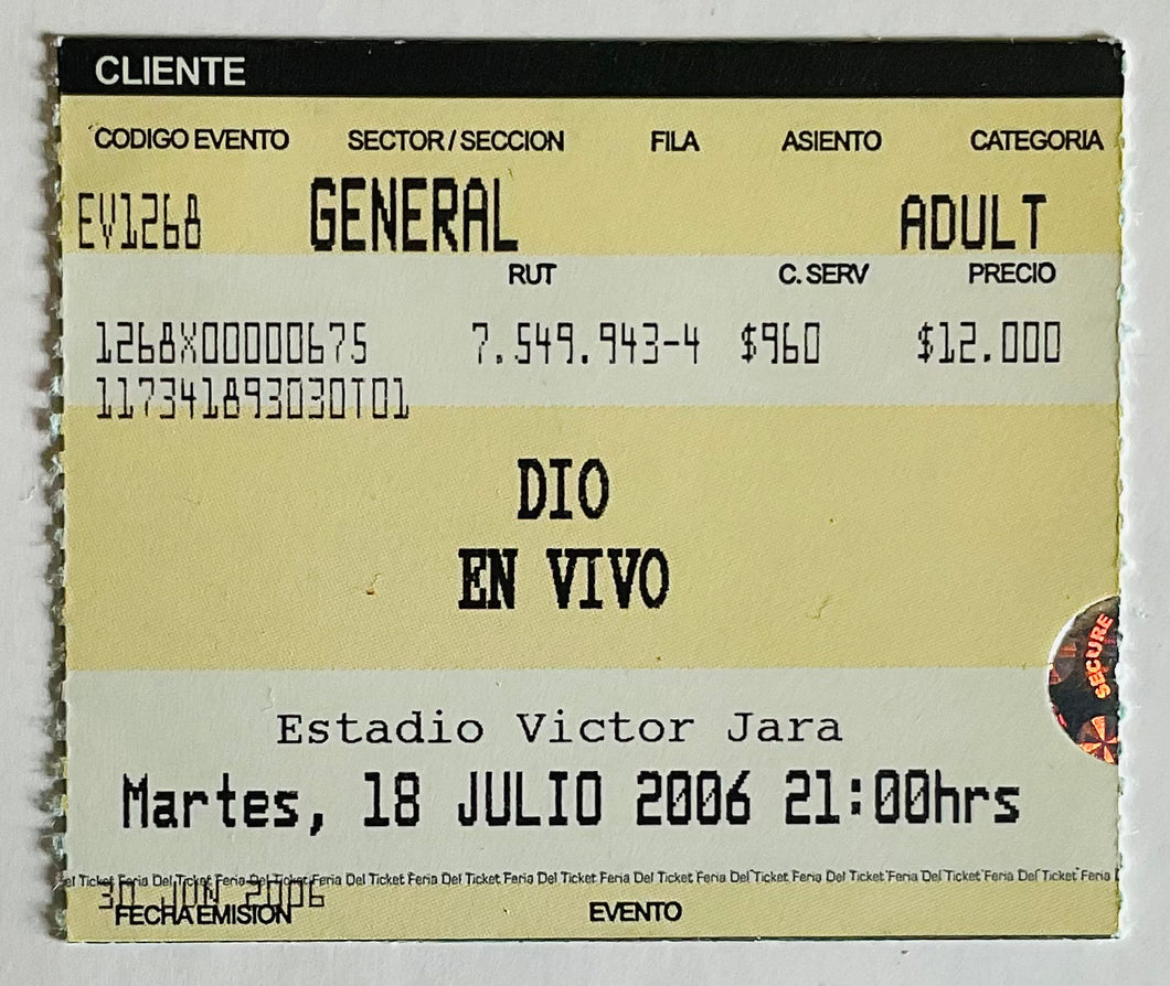Dio Original Used Concert Ticket Estadio Victor Jara Santiago 18th Jul 2006