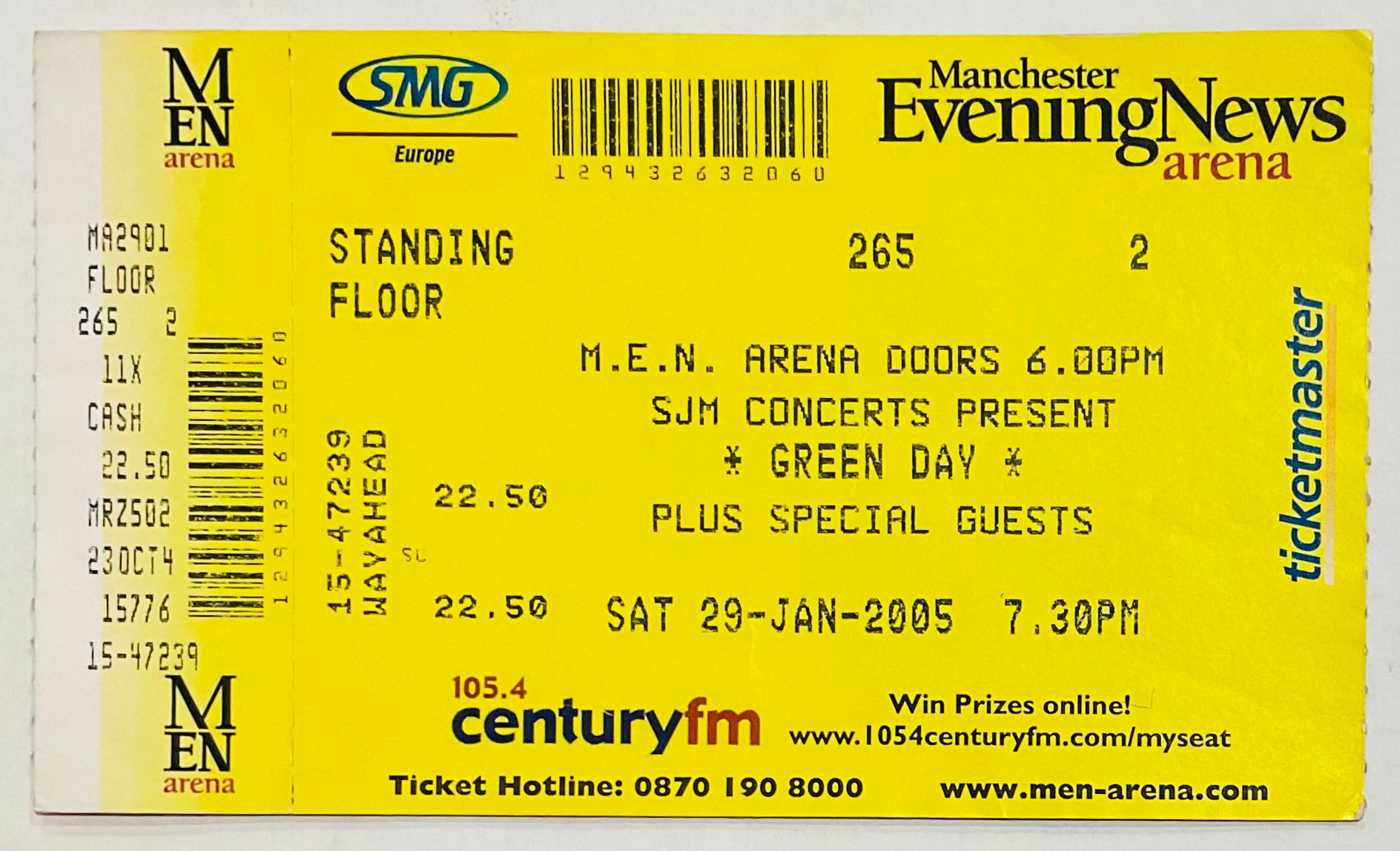 Green Day Original Unused Concert Ticket MEN Arena Manchester 29th Jan 2005