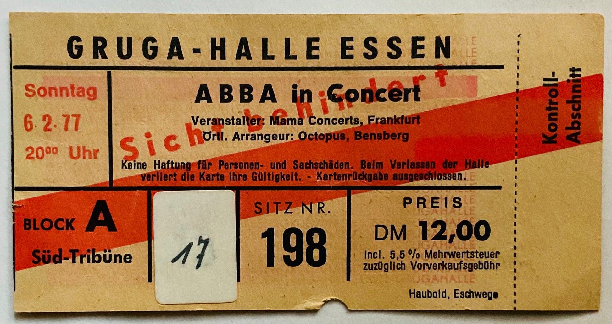 ABBA Original Used Concert Ticket Gruga Halle Essen 6th Feb 1977