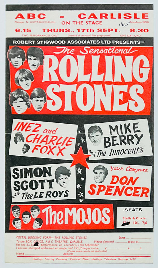 Rolling Stones Original Concert Handbill Flyer ABC Theatre Carlisle 17th Sep 1964