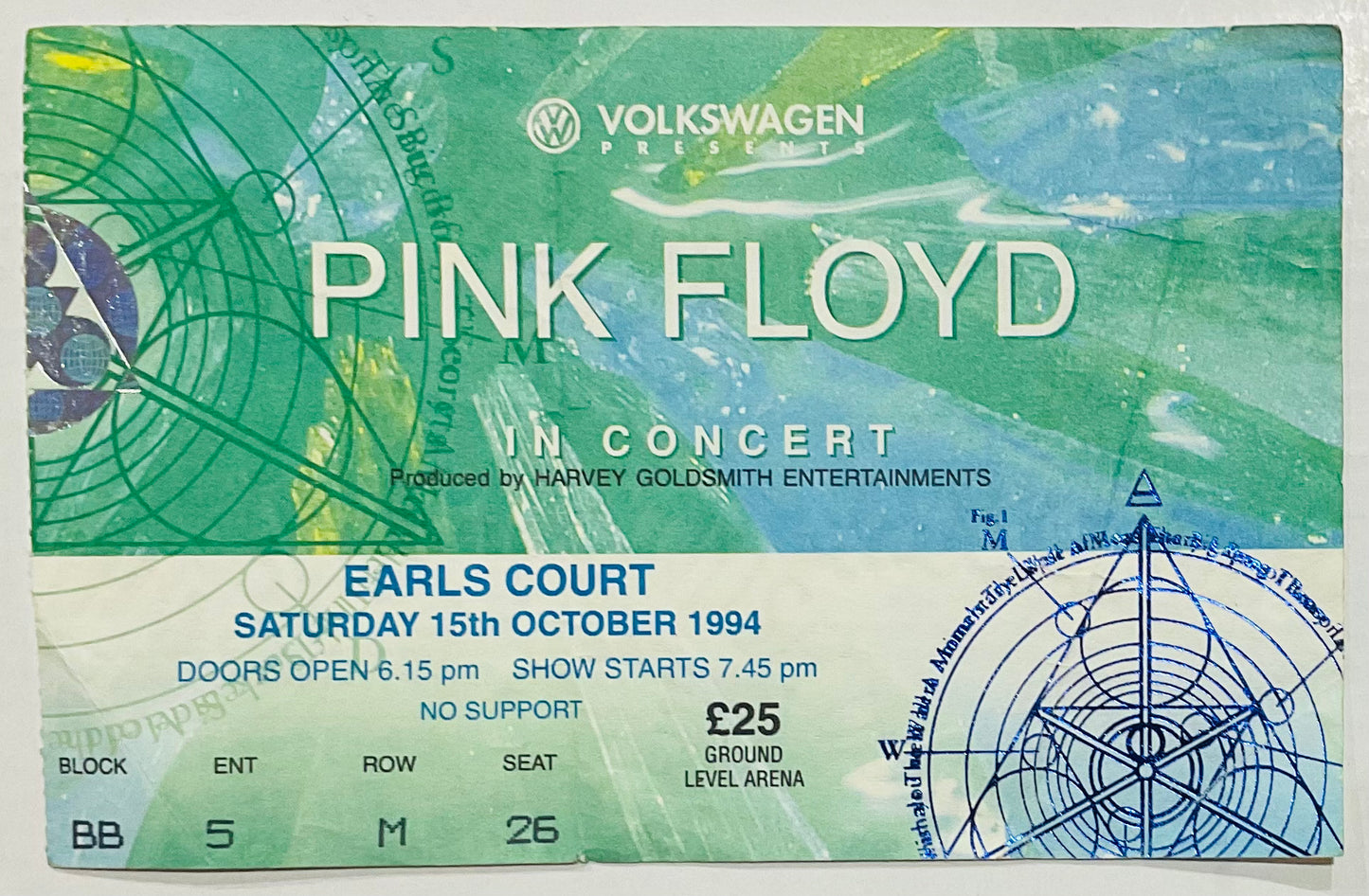 Pink Floyd Original Used Concert Ticket Earls Court London 15th Oct 1994