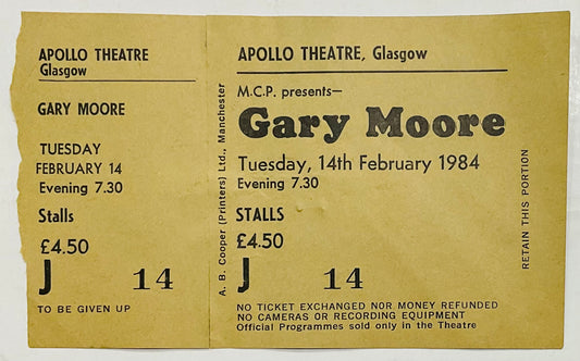 Gary Moore Original Unused Concert Ticket Apollo Theatre Glasgow 14th Feb 1984