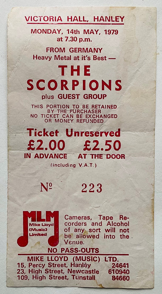 Scorpions Original Used Concert Ticket Victoria Hall Hanley 14th May 1979