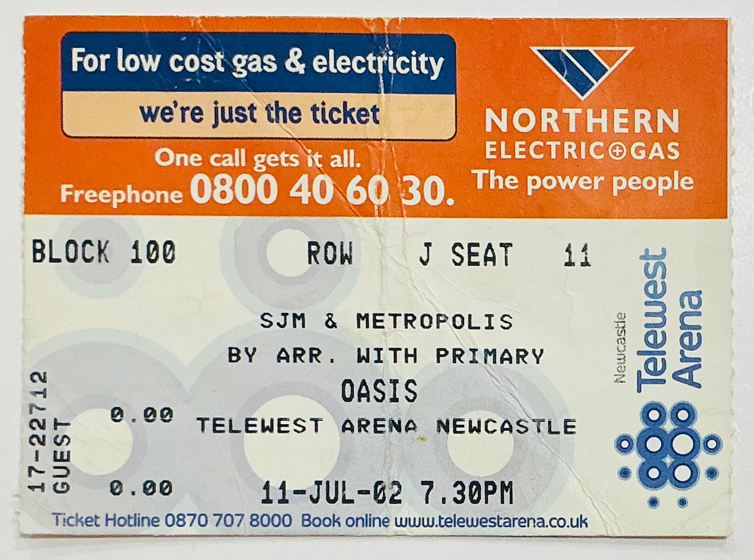 Oasis Original Used Concert Ticket Telewest Arena Newcastle 11th Jul 2002