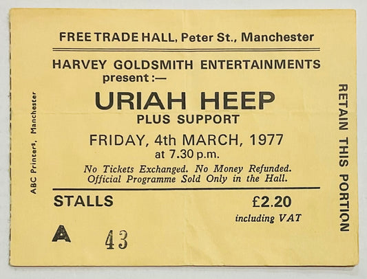 Uriah Heep Original Used Concert Ticket Free Trade Hall Manchester 4th Mar 1977