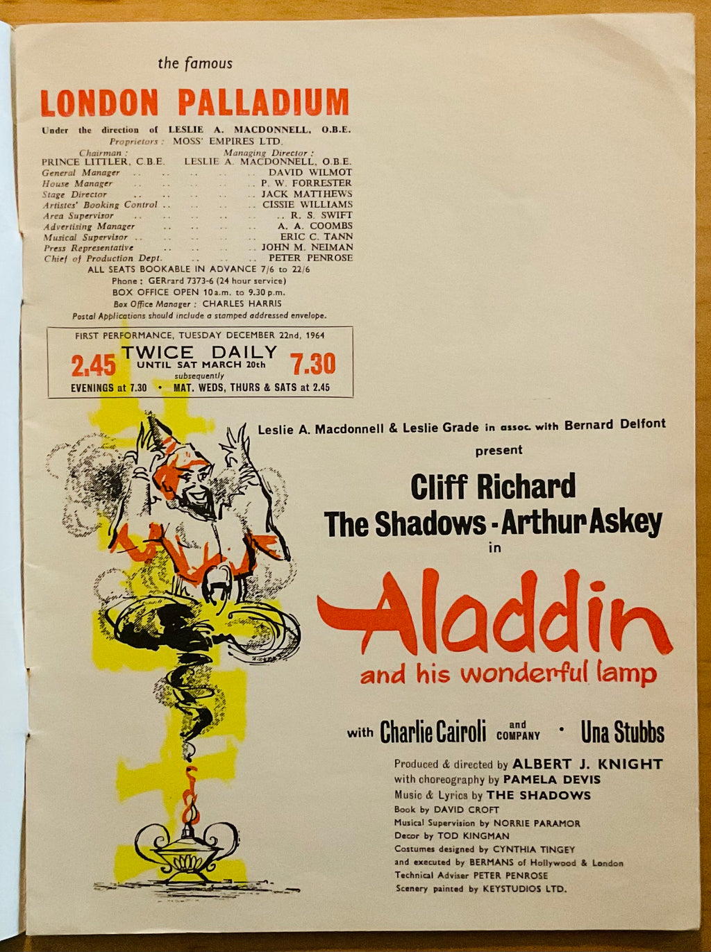 Cliff Richard Shadows Original Concert Programme Aladdin London Palladium 1964/5
