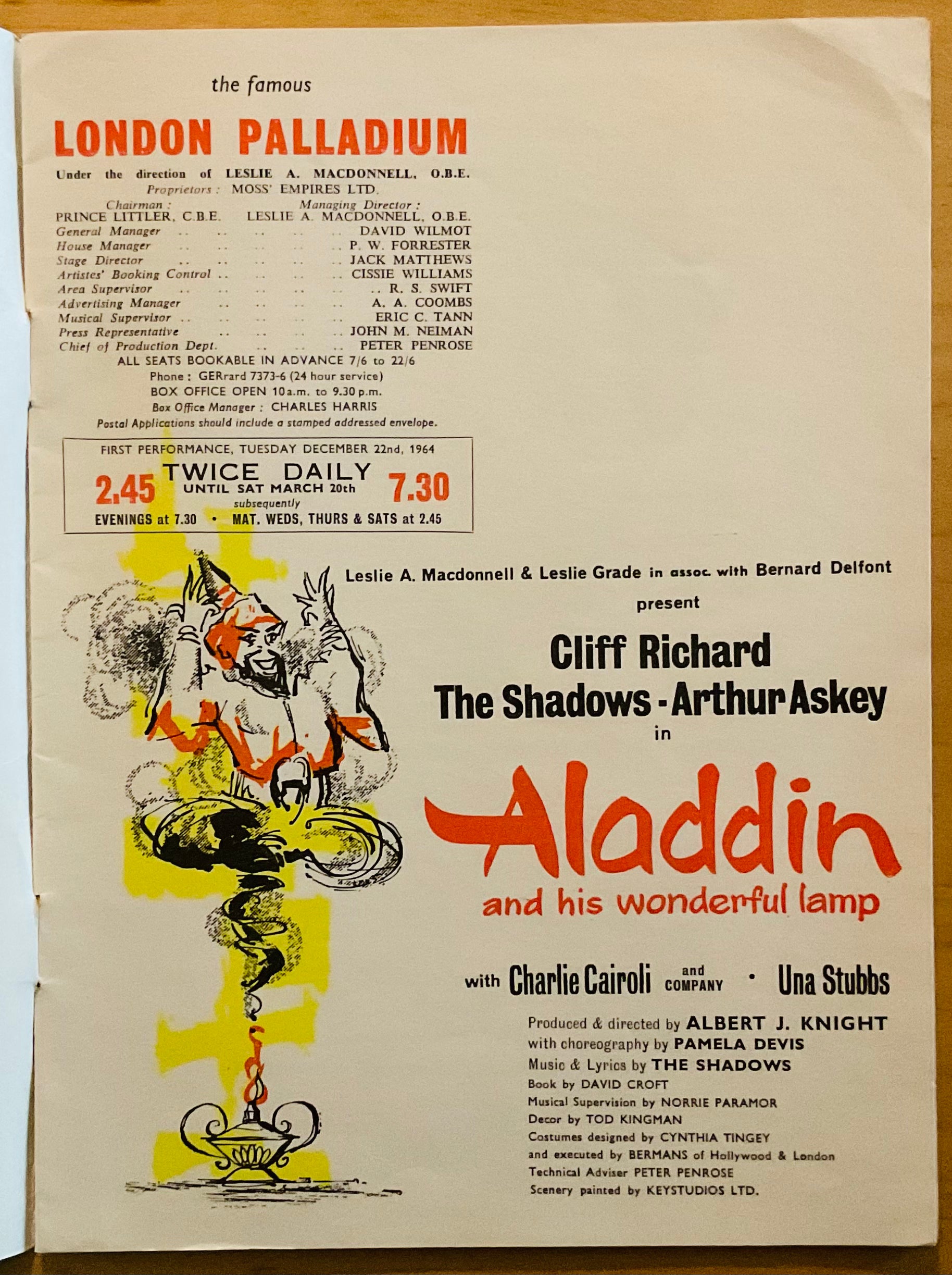 Cliff Richard Shadows Original Concert Programme Aladdin London Palladium 1964/5