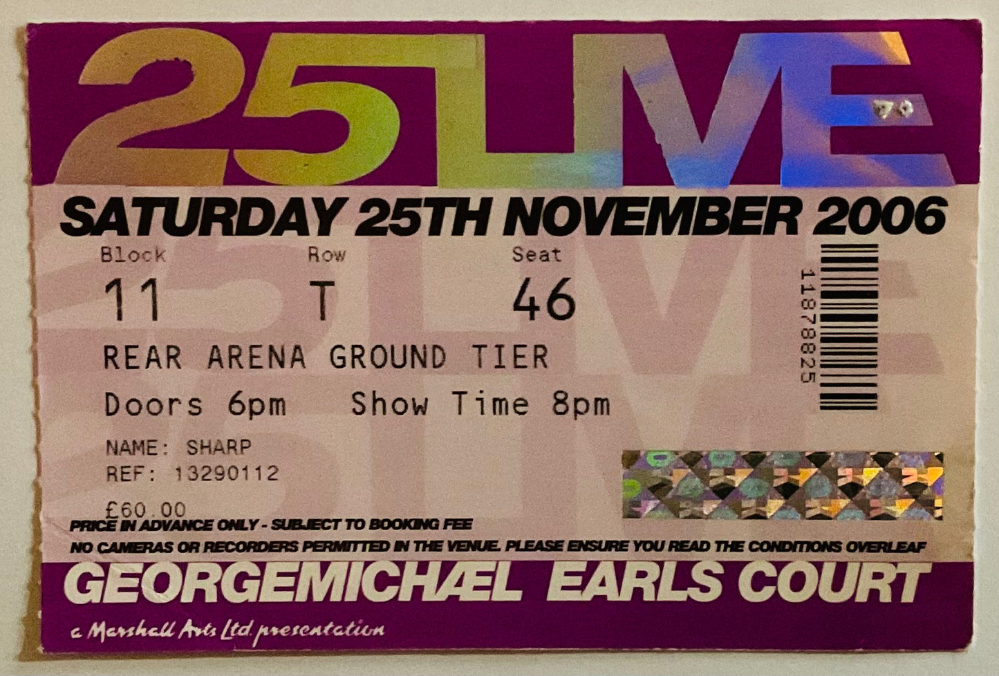 George Michael Original Used Concert Ticket Earls Court London 25th Nov 2006