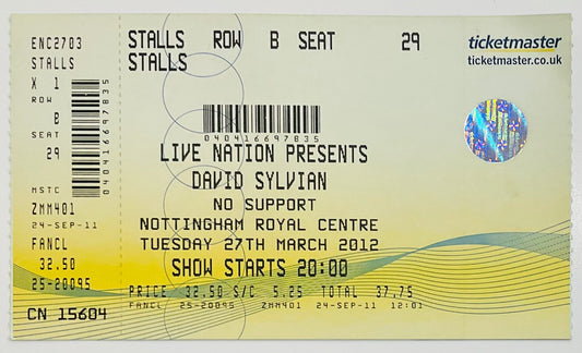 Japan David Sylvian Original Unused Concert Ticket Royal Centre Nottingham 27th Mar 2012