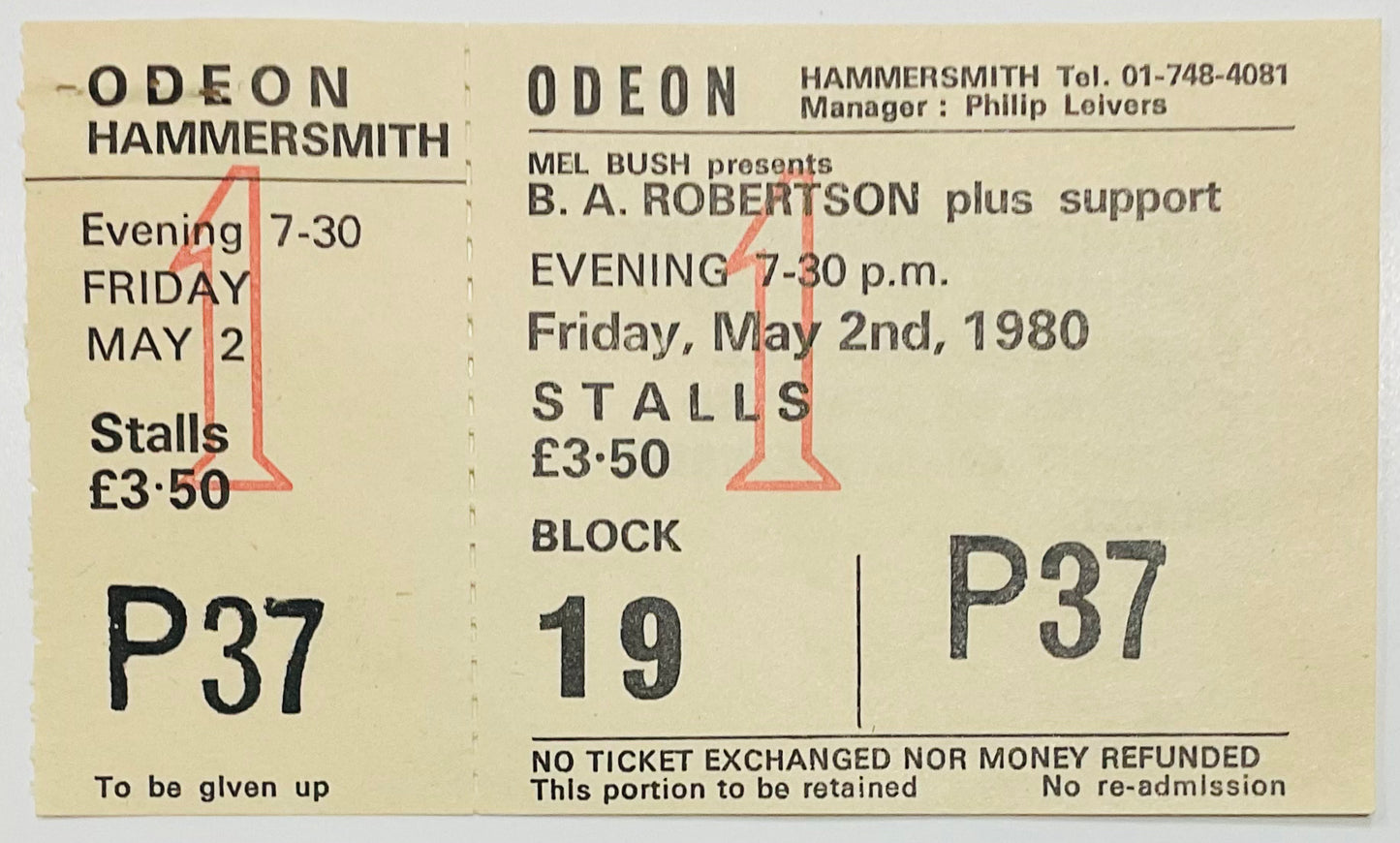 B.A. Robertson Original Unused Concert Ticket Hammersmith Odeon London 2nd May 1980