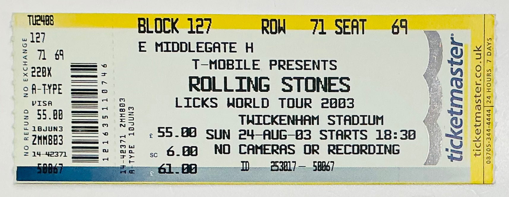 Rolling Stones Original Unused Concert Ticket Twickenham Stadium London 24th Aug 2003