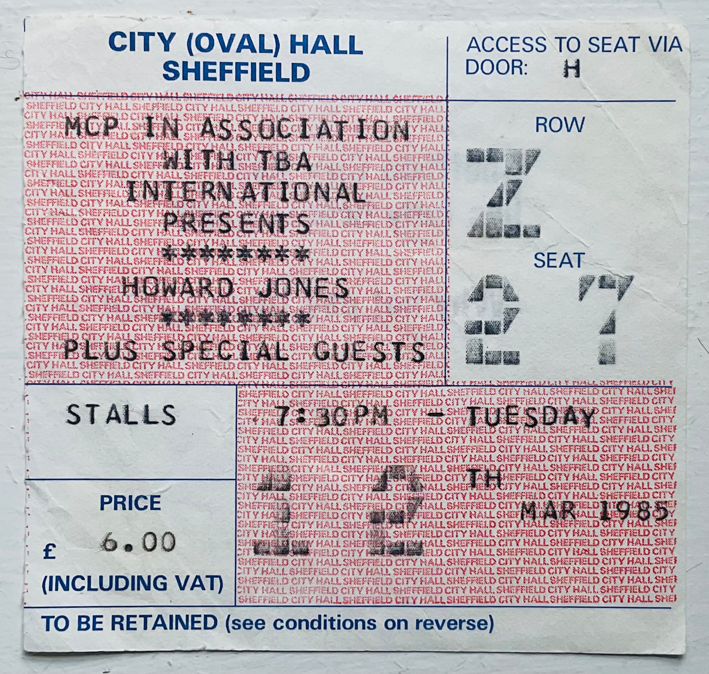 Howard Jones Original Used Concert Ticket City Hall Sheffield 12th Mar 1985