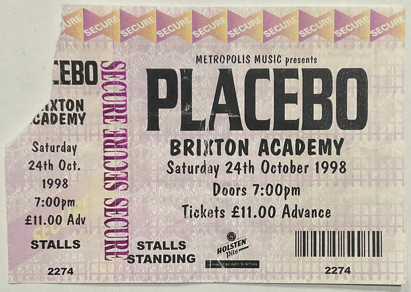 Placebo Original Used Concert Ticket Brixton Academy London 24th Oct 1998