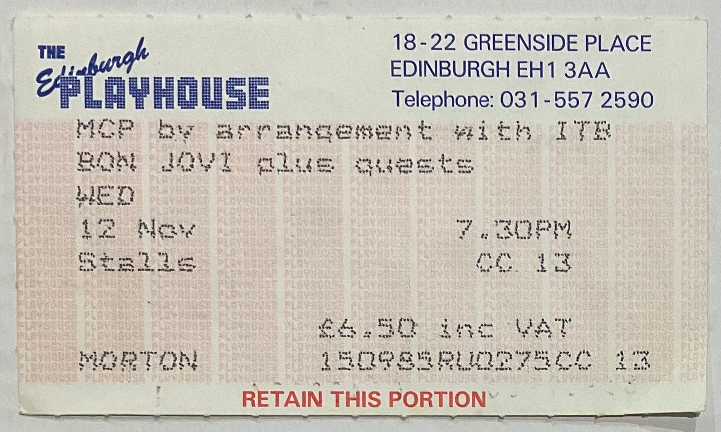 Bon Jovi Original Used Concert Ticket Edinburgh Playhouse 12th Nov 1986