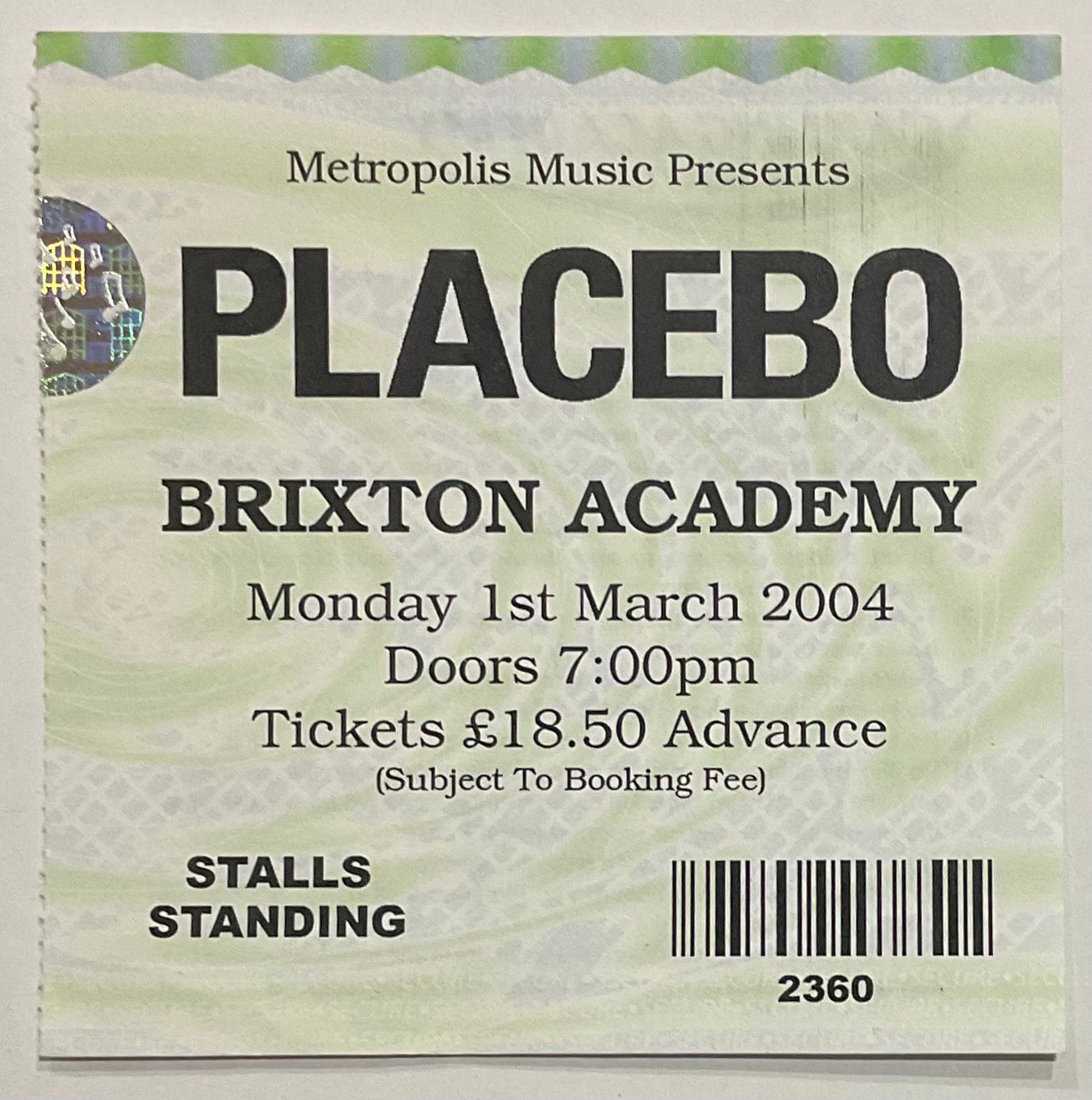 Placebo Original Used Concert Ticket Brixton Academy London 1st Mar 2004