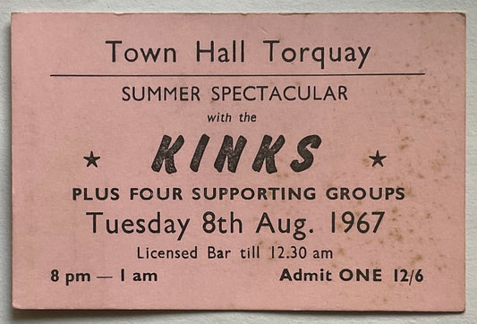 Kinks Original Concert Ticket Town Hall Torquay 8th Aug 1967