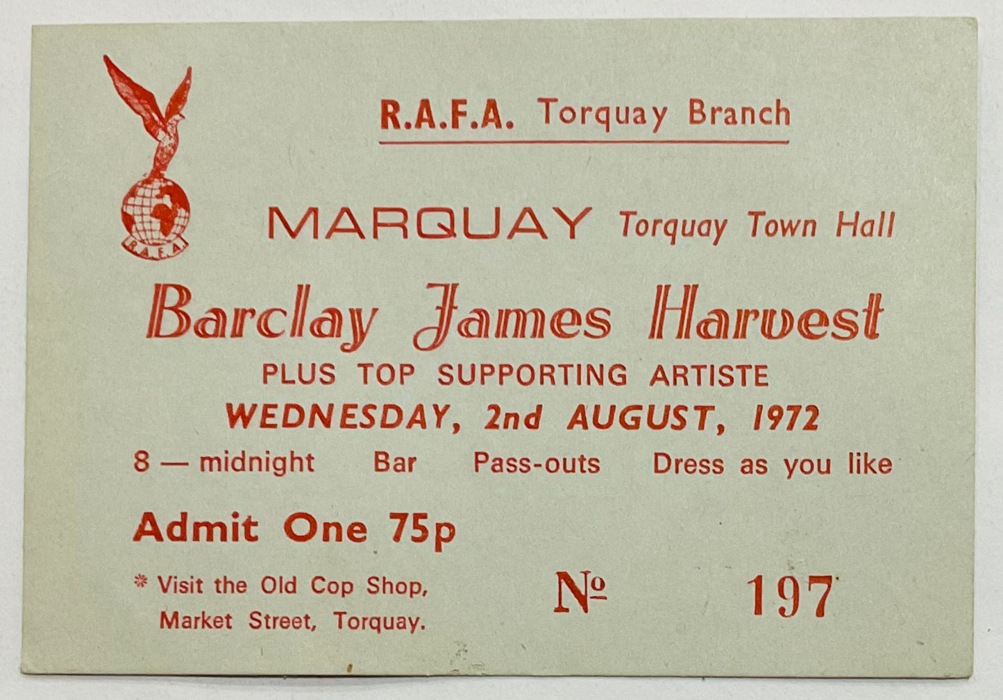 Barclay James Harvest Original Concert Ticket Town Hall Torquay 2nd Aug 1972
