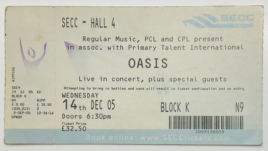 Oasis Original Unused Concert Ticket SECC Glasgow 14th Dec 2005