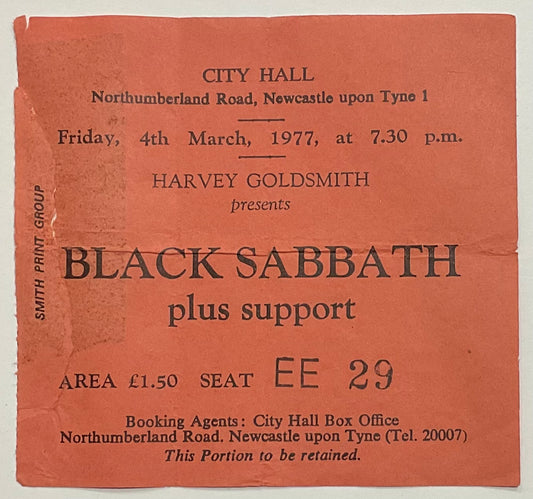 Black Sabbath Original Used Concert Ticket City Hall Newcastle 4th Mar 1977