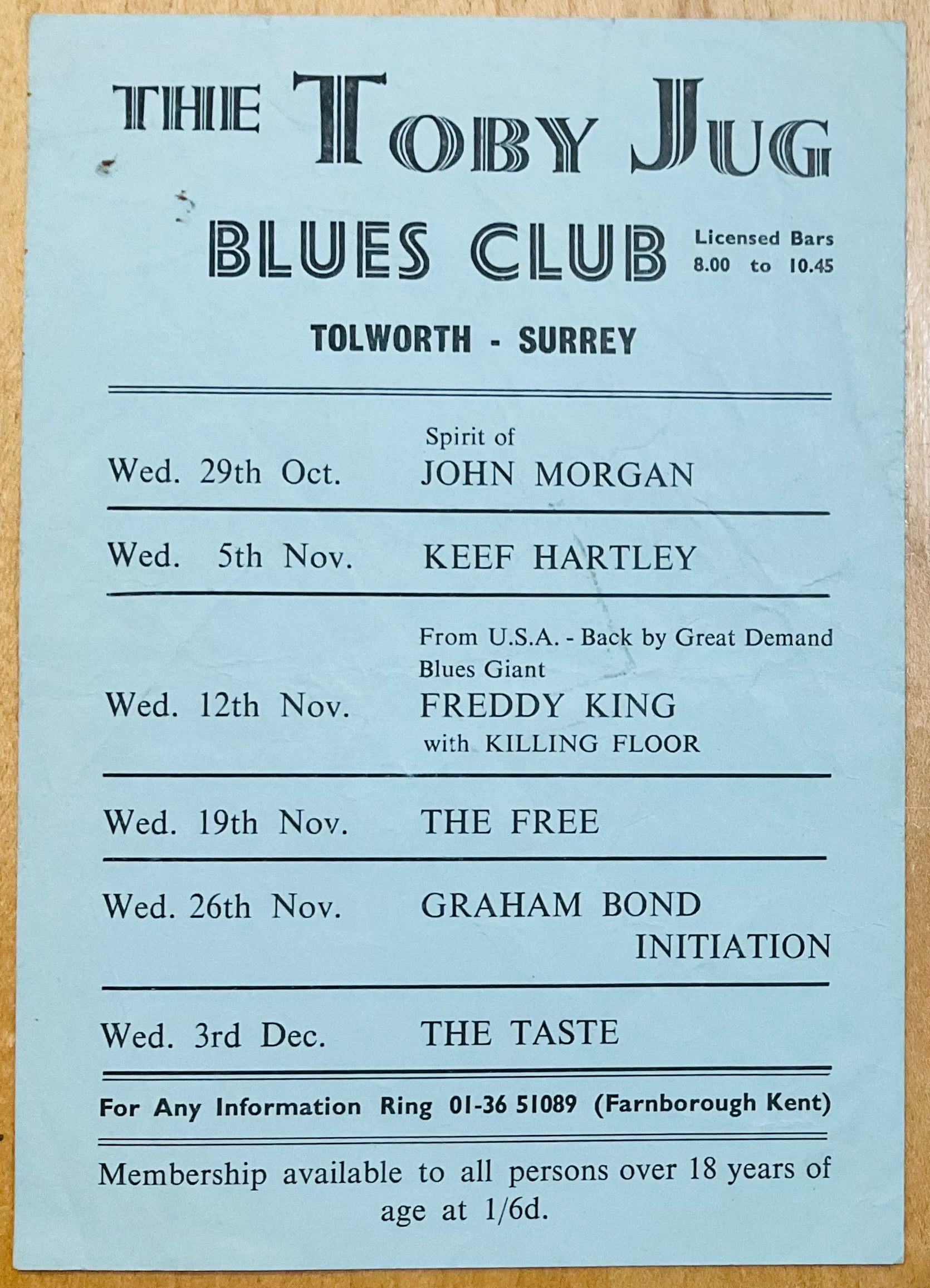 Taste Rory Gallagher Free Original Concert Handbill Flyer Toby Jug Tolworth 1969