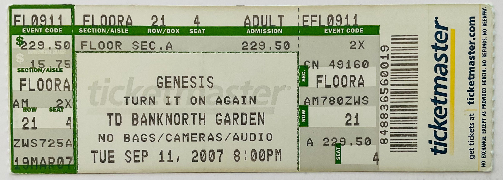 Genesis Original Unused Concert Ticket TD Banknorth Garden Boston 11th Sep 2007