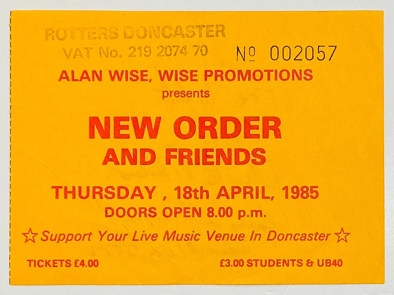 New Order Original Used Concert Ticket Rotters Doncaster 18th Apr 1985