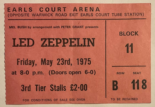Led Zeppelin Original Used Concert Ticket Earls Court Arena London 23rd May 1975