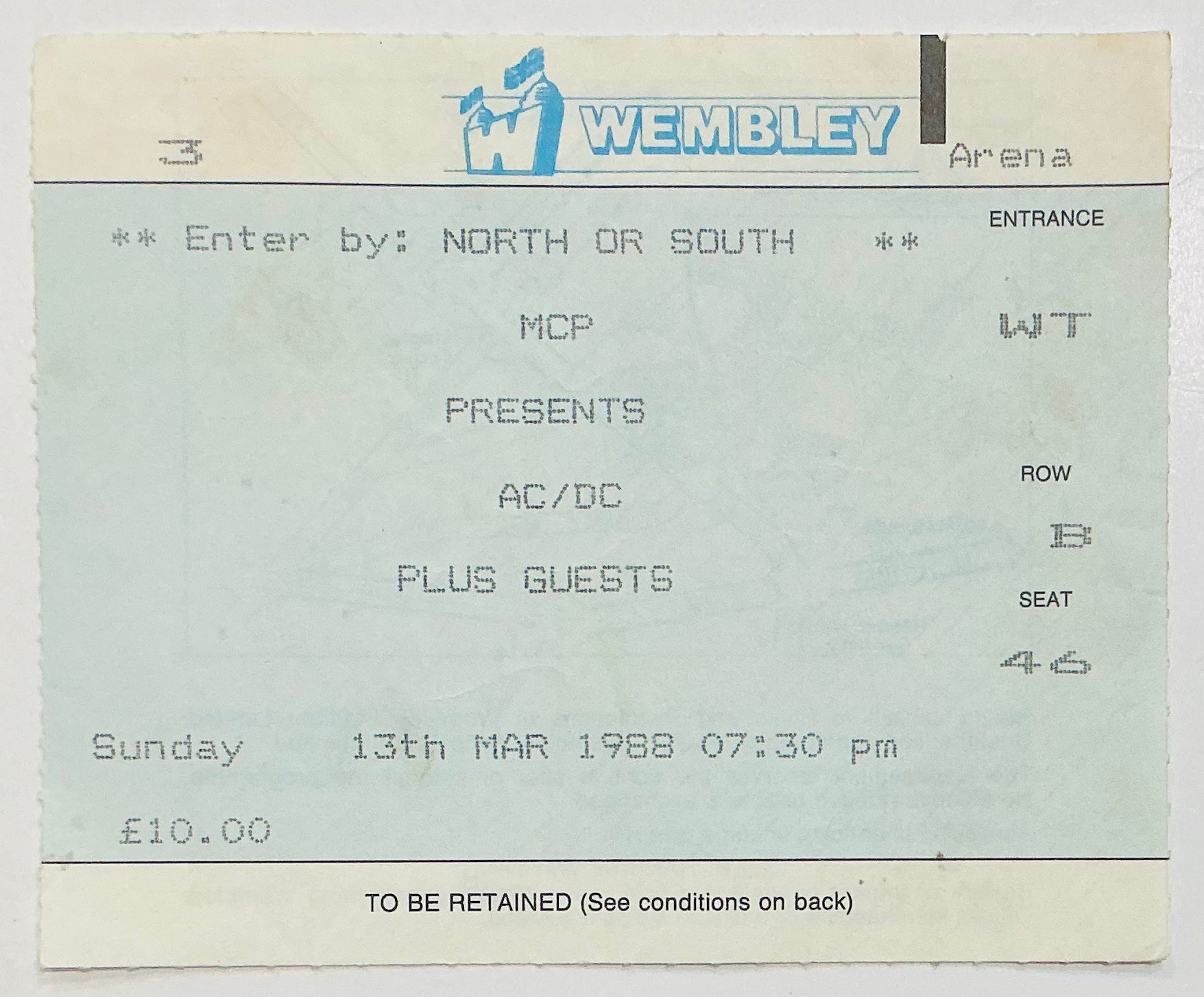 AC/DC Original Used Concert Ticket Wembley Arena London 13th Mar 1988