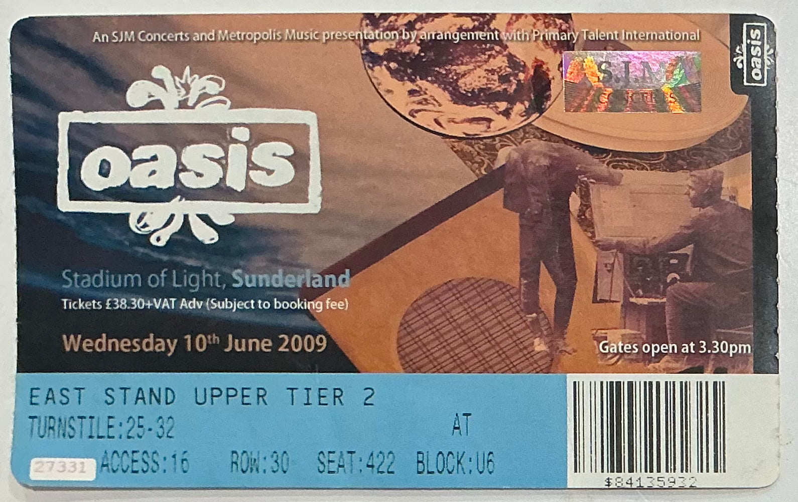Oasis Original Used Concert Ticket Stadium of Light Sunderland 10th Jun 2009