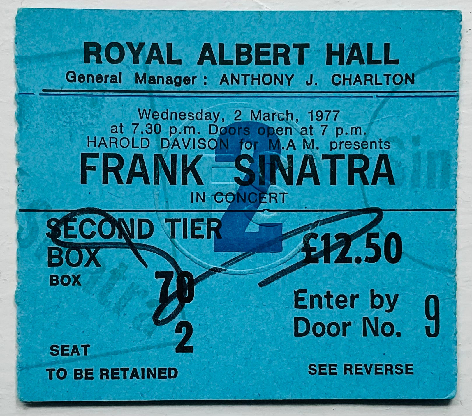 Frank Sinatra Original Used Concert Ticket Royal Albert Hall London 2nd March 1977