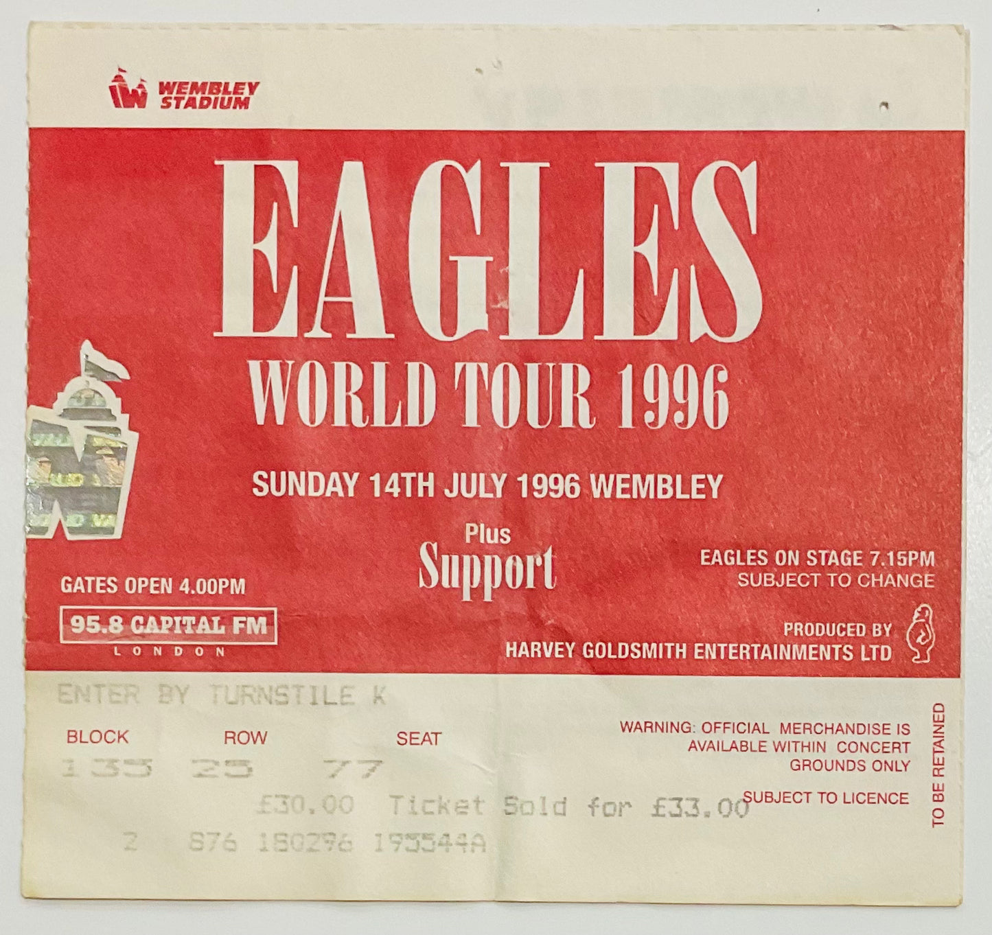 Eagles Original Concert Ticket Wembley Stadium London 14th July 1996