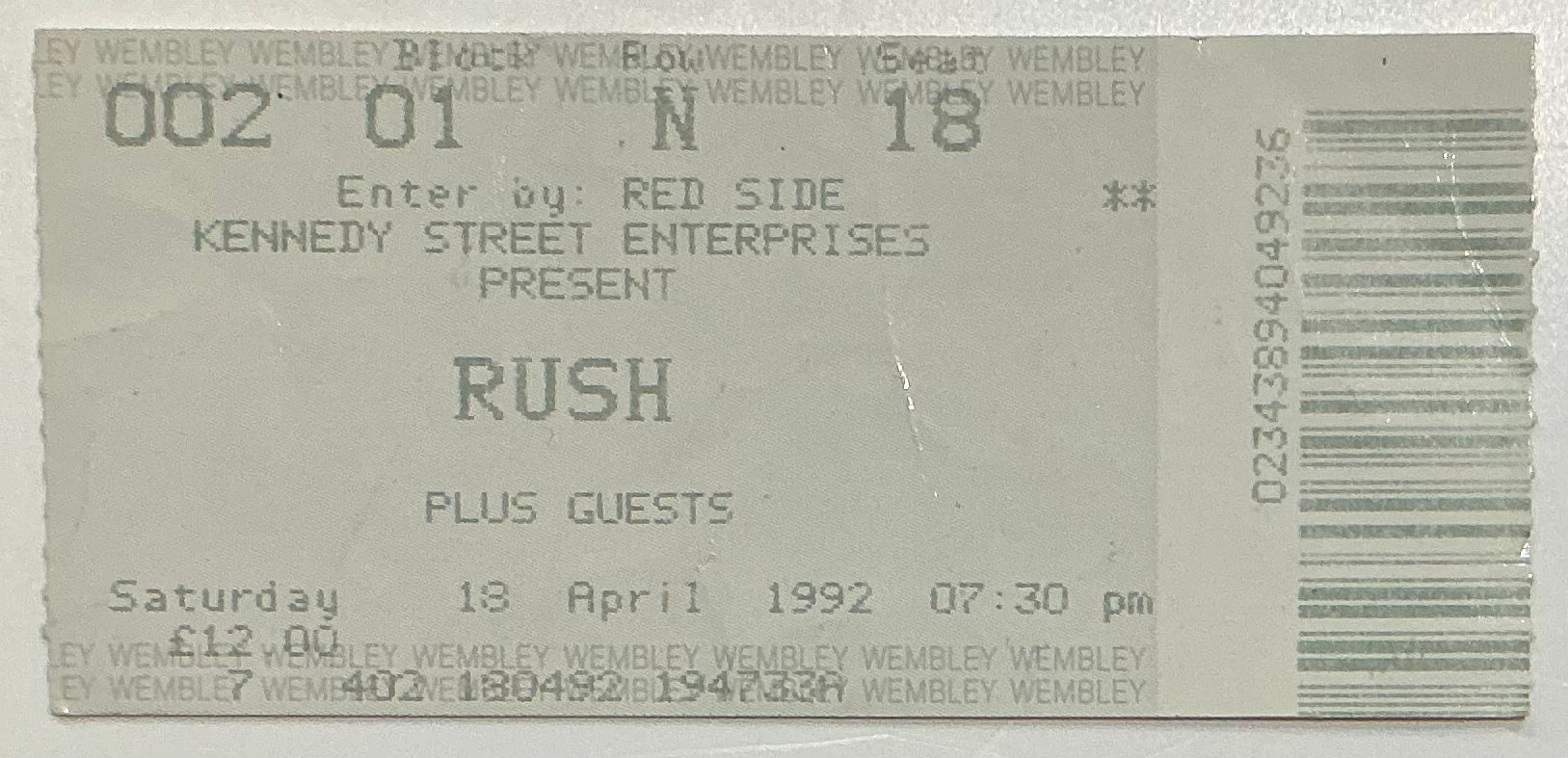 Rush Original Used Concert Ticket Wembley Arena London 18th Apr 1992