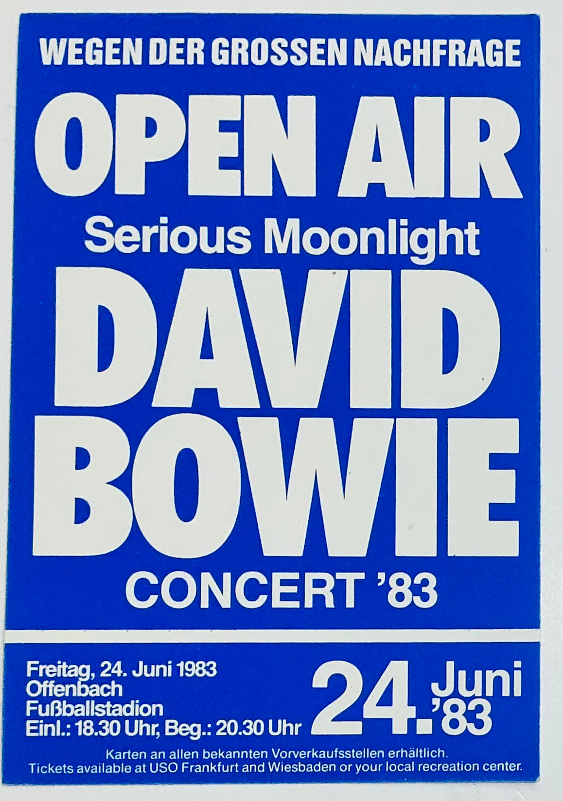 David Bowie Original Concert Handbill Flyer Sticker Fußballstadion Offenbach 24th Jun 1983