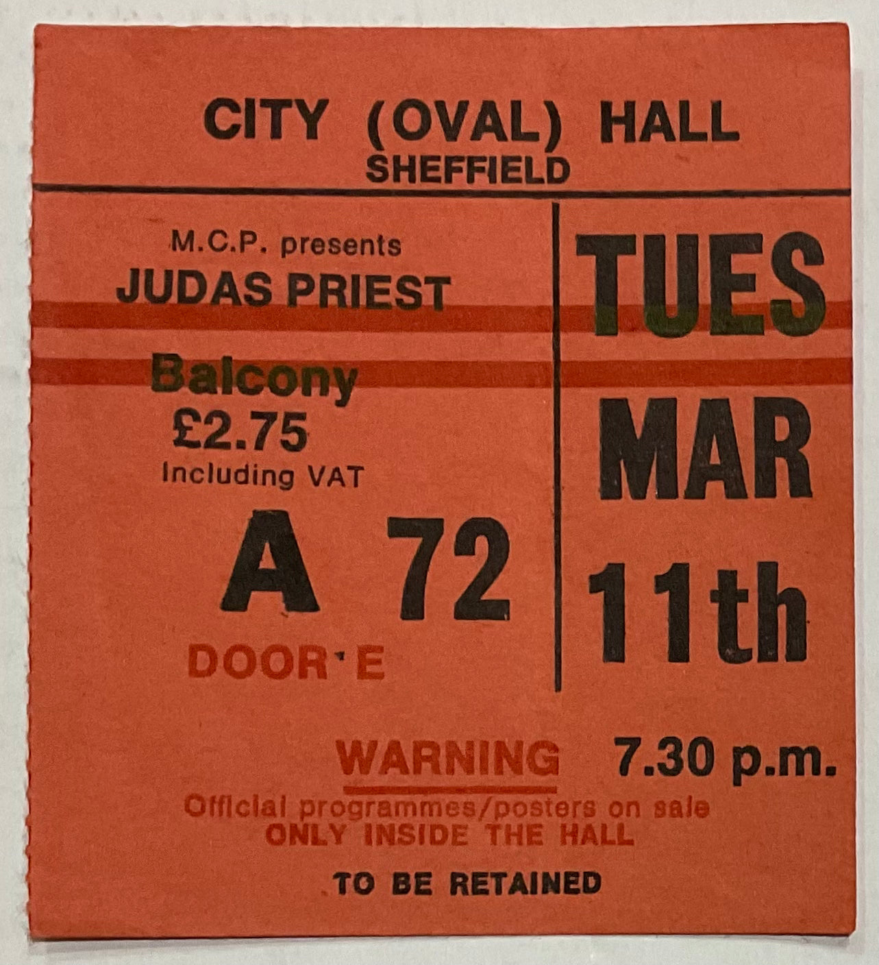 Judas Priest Iron Maiden Original Used Concert City Hall Sheffield 11th Mar 1980