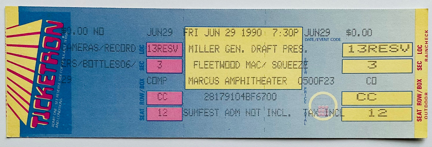 Fleetwood Mac Original Unused Concert Ticket Marcus Amphitheater Milwaukee 29th Jun 1990