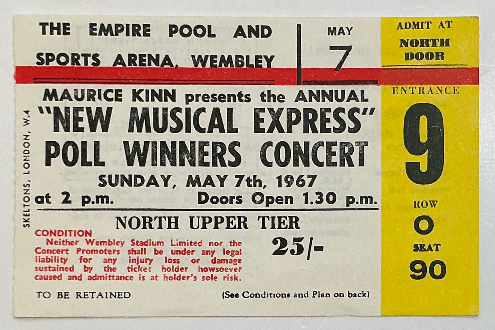 Cream Eric Clapton Original NME Poll Winners Concert Ticket Empire Pool Wembley London 7th May 1967