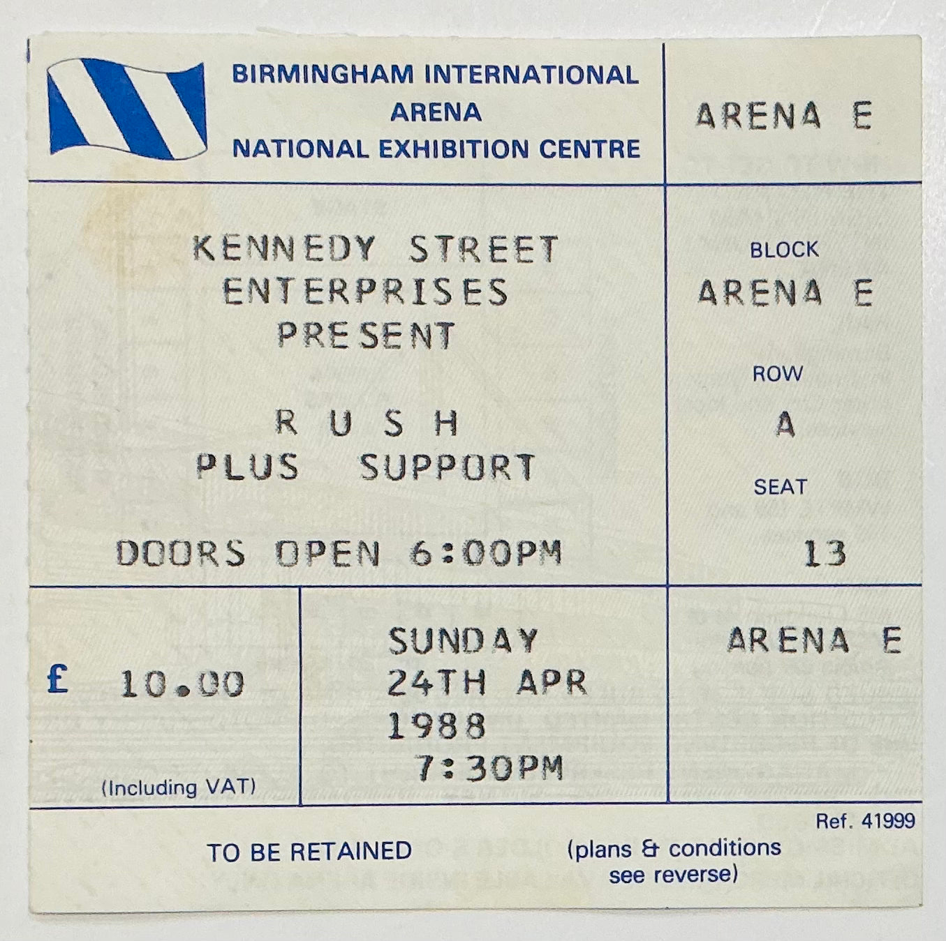 Rush Original Used Concert Ticket NEC Arena Birmingham 24th Apr 1988