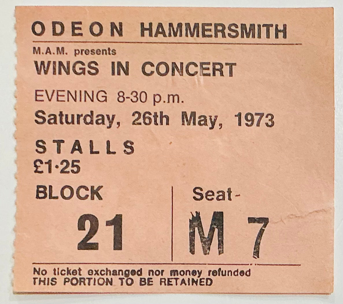 Beatles Paul McCartney Wings Used Concert Ticket Hammersmith Odeon London 26th May 1973