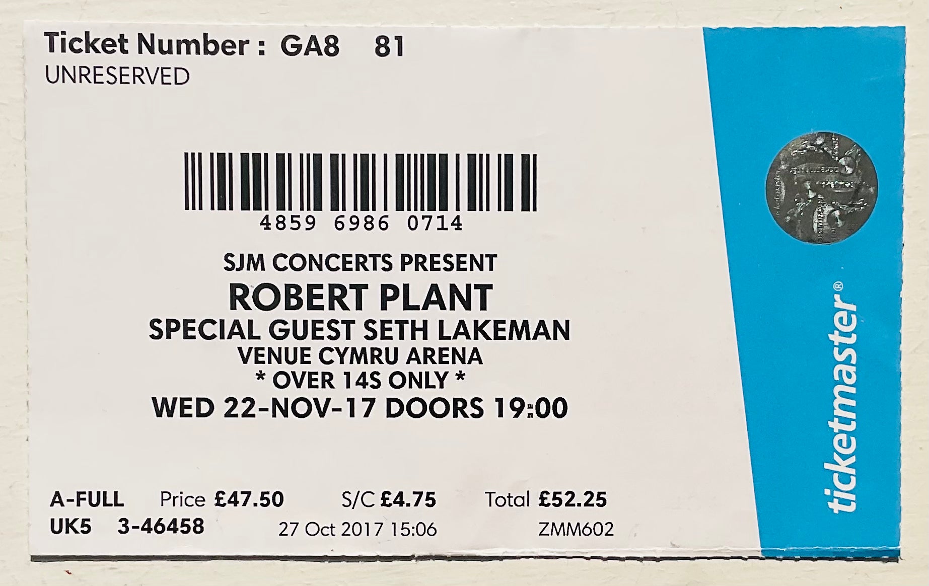 Led Zeppelin Robert Plant Original Used Concert Ticket Cymru Arena Llandudno 22nd Nov 2017